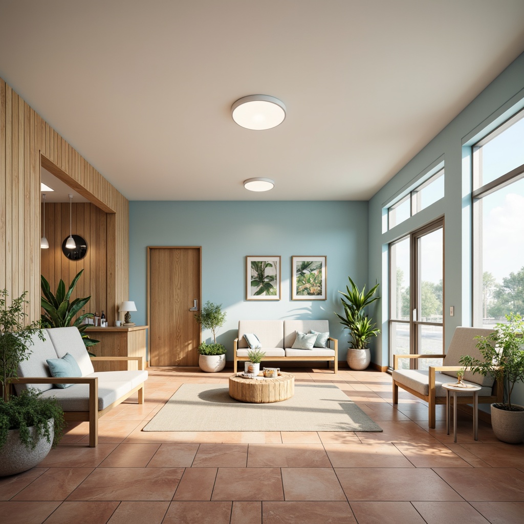 Prompt: Calming healthcare facility, soothing color scheme, pale blue walls, creamy white accents, natural wood tones, earthy terracotta floors, gentle greenery, soft warm lighting, serene ambiance, minimalist decor, comfortable furnishings, peaceful atmosphere, calming art pieces, nature-inspired patterns, subtle texture variations, 1/1 composition, realistic renderings, ambient occlusion.