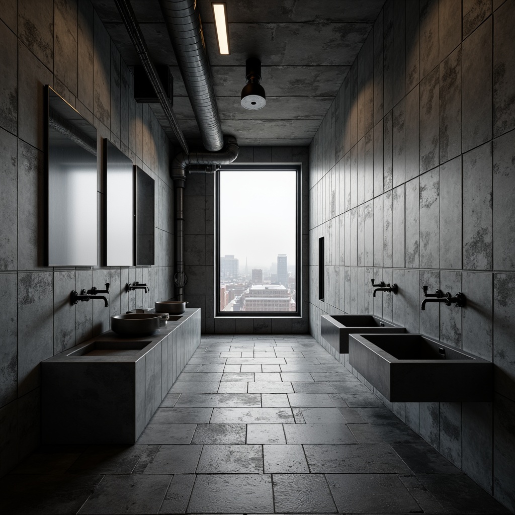 Prompt: Raw concrete walls, exposed pipes, industrial metal fixtures, minimalist sink basins, brutalist architecture, cold monochromatic color palette, dimmed overhead lighting, rough-textured stone flooring, geometric-patterned tiles, metallic accents, urban cityscape views, foggy misty atmosphere, high-contrast dramatic shadows, symmetrical composition, cinematic wide-angle shot, gritty realistic textures, subtle ambient occlusion.