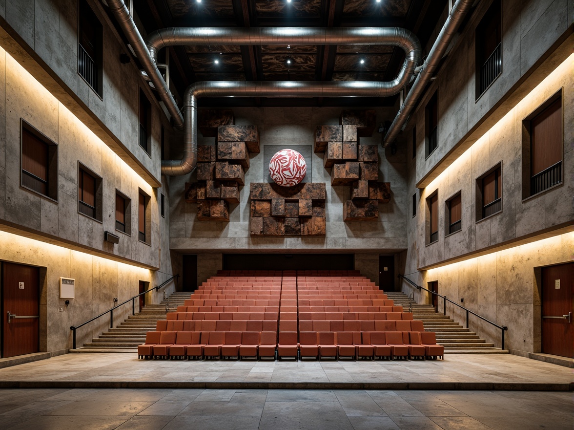 Prompt: Rugged auditorium interior, brutalist architecture, raw concrete walls, exposed ductwork, industrial metal beams, reclaimed wood accents, minimalist seating, acoustic panels, sound-absorbing materials, geometric patterns, bold color schemes, dramatic lighting effects, high-ceilinged space, natural stone flooring, urban aesthetic, edgy textures, 1/1 composition, softbox lighting, cinematic atmosphere.