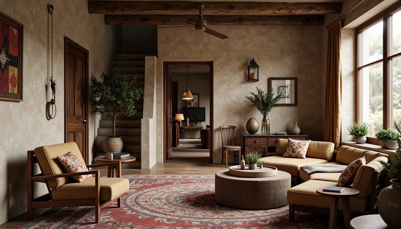 Prompt: Richly patterned rugs, luxurious velvet sofas, natural stone walls, reclaimed wood accents, ornate metal fixtures, distressed leather armchairs, intricately carved wooden furniture, plush area rugs, tactile throw blankets, soft ambient lighting, warm beige color palette, inviting cozy atmosphere, 1/1 composition, shallow depth of field, realistic textures, subtle shadows.