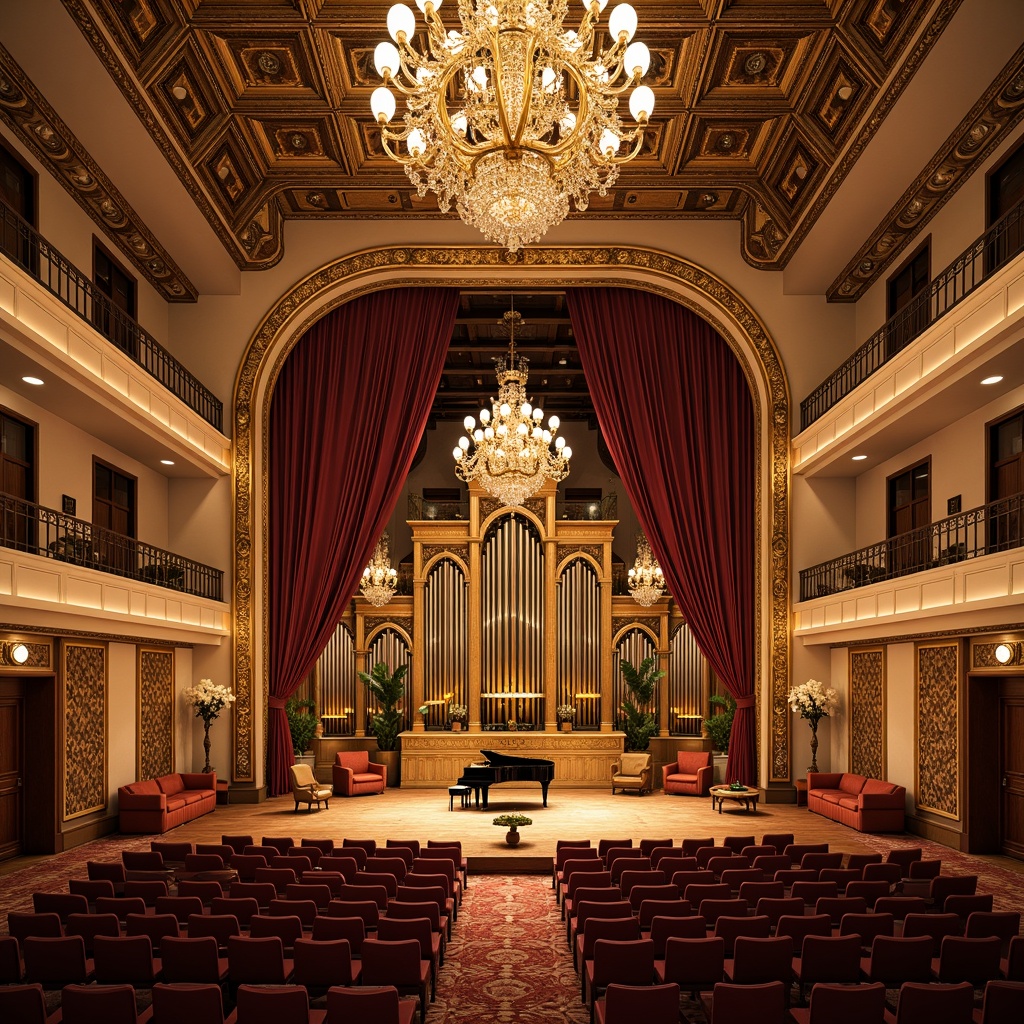 Prompt: Ornate music hall, lavish furnishings, gold leaf accents, crystal chandeliers, velvet drapes, intricate carvings, ornamental mirrors, grand pianos, acoustic panels, sound-absorbing materials, curved balconies, Baroque-inspired architecture, opulent textures, warm golden lighting, shallow depth of field, 1/1 composition, realistic reflections, ambient occlusion, rich wood tones, soft pastel colors, intimate performance spaces, elegant seating areas.