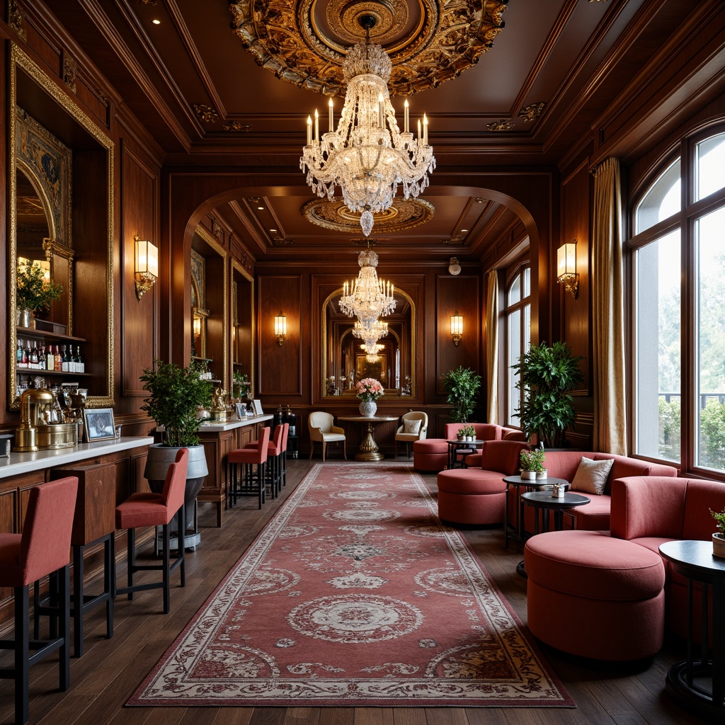 Prompt: Elegant Rococo coffee shop, ornate wooden furniture, carved golden frames, plush velvet upholstery, intricate patterns, crystal chandeliers, lavish drapes, antique bronze fixtures, marble countertops, ornamental mirrors, rich walnut wood tones, soft warm lighting, shallow depth of field, 3/4 composition, realistic textures, ambient occlusion.