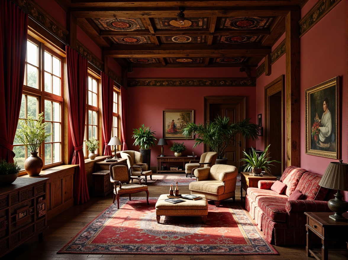 Prompt: Rich jewel tones, luxurious fabrics, warm golden lighting, ornate wooden furnishings, vintage accessories, eclectic artwork, bohemian chic, opulent drapery, lavish textiles, sophisticated color blocking, 3/4 composition, atmospheric perspective, soft warm glow, realistic reflections, ambient occlusion.