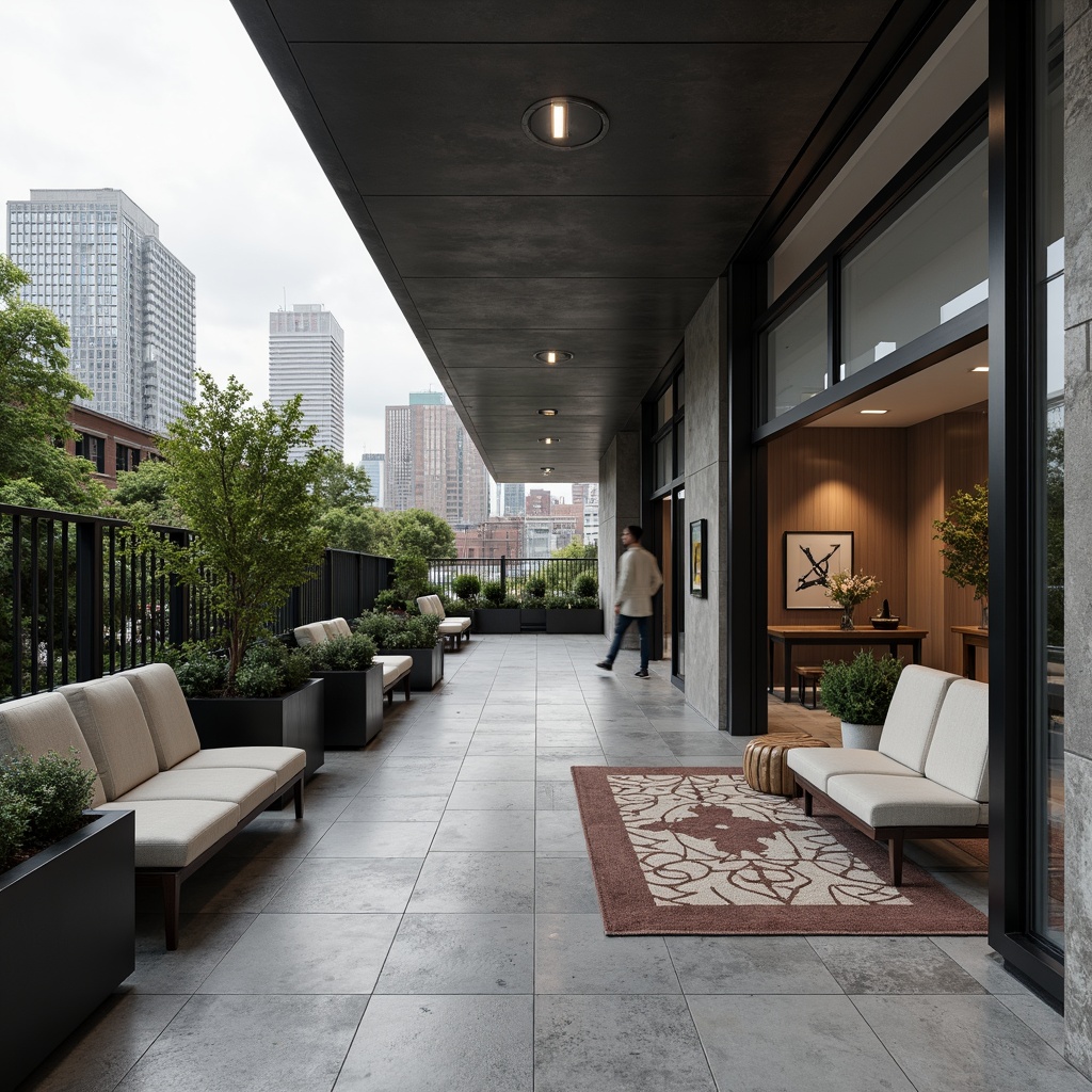 Prompt: Geometric metal door handles, minimalist stone flooring, industrial-style lighting fixtures, rectangular-shaped planters, monochromatic color scheme, clean-lined wooden furniture, abstract art pieces, functional decor items, simplistic rug designs, geometric-patterned textiles, metallic accents, urban cityscape backdrop, overcast sky, high-contrast lighting, 2/3 composition, sharp focus, architectural photography style.