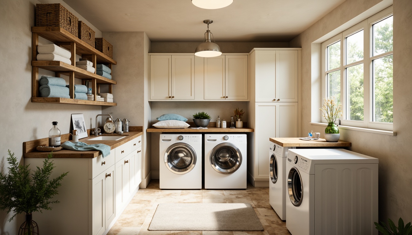 Prompt: Cozy laundry room, soft warm lighting, creamy white cabinets, vintage washing machines, distressed wooden shelves, woven baskets, natural stone floors, calming beige walls, sky blue accents, crisp white linens, fresh flowers, gentle warm breeze, shallow depth of field, 1/1 composition, realistic textures, ambient occlusion.