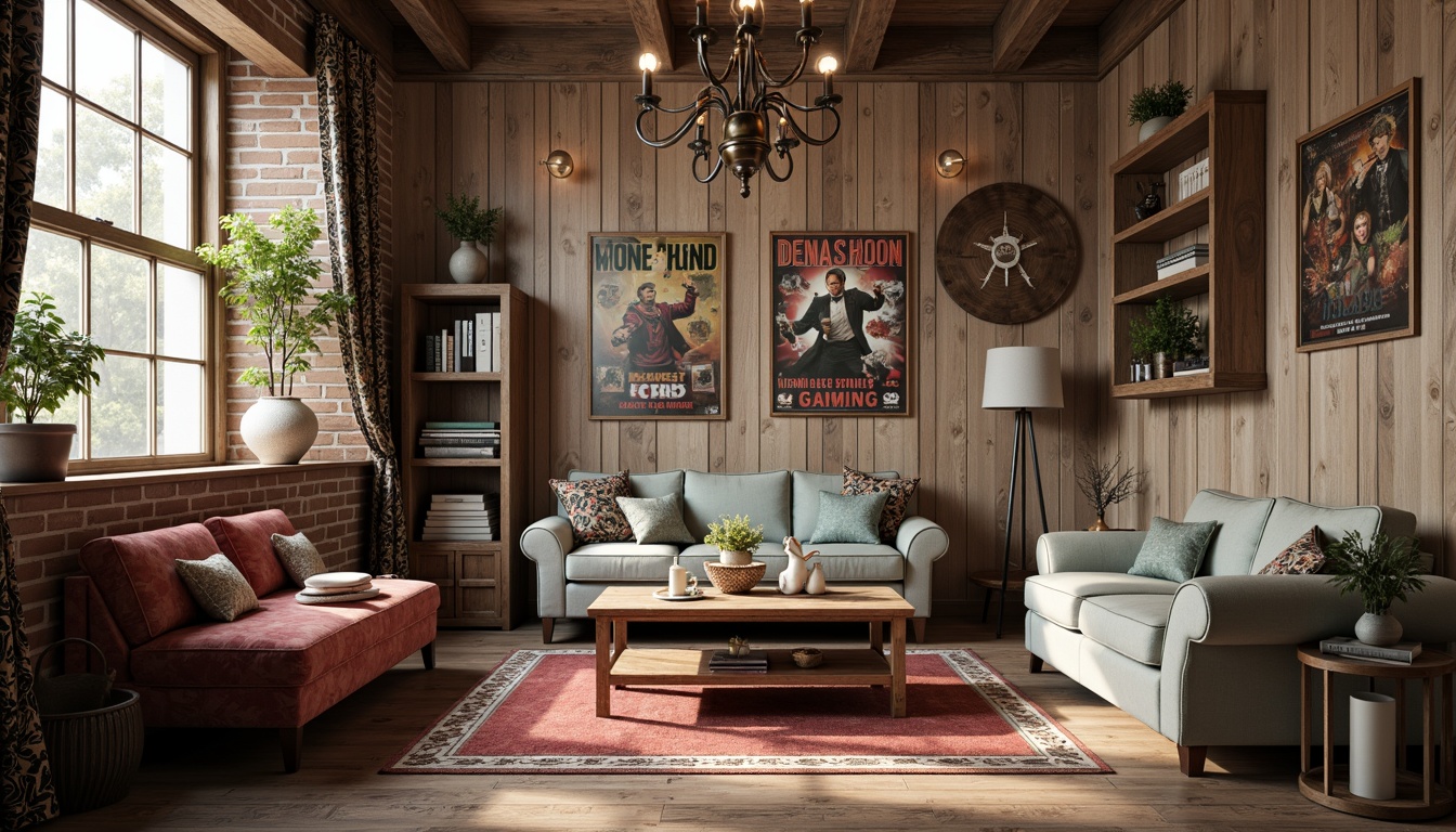 Prompt: Distressed wooden accents, vintage gaming posters, distressed brick walls, reclaimed wood shelves, ornate metal lanterns, plush area rugs, soft pastel colors, shabby-chic inspired furniture, velvet drapes, antique decorative items, rustic wooden crates, warm cozy lighting, 1/1 composition, intimate close-up shots, realistic textures, subtle ambient occlusion.