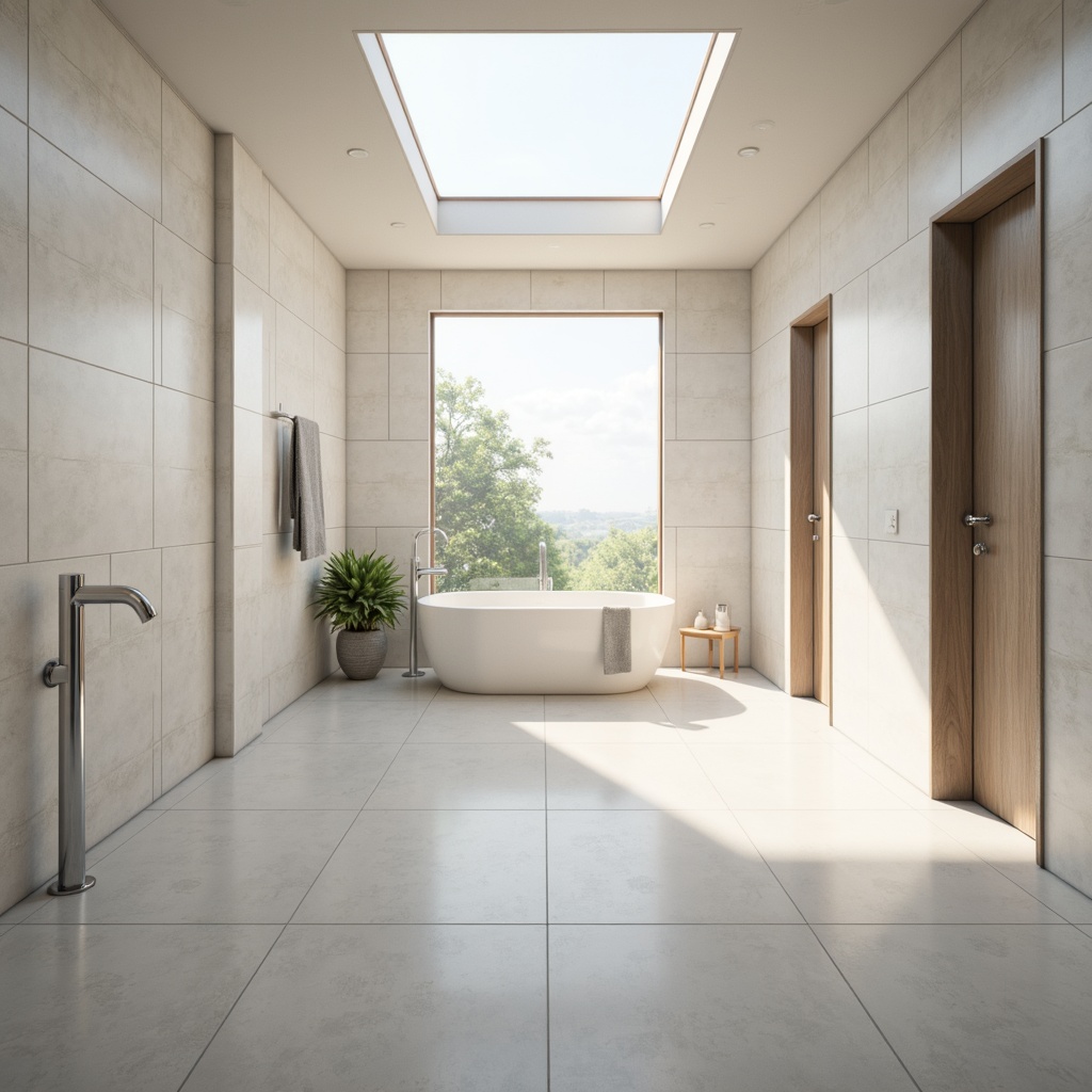 Prompt: Spacious bathroom, large skylight, soft natural lighting, white ceramic tiles, minimalist decor, freestanding tub, rain showerhead, polished chrome fixtures, ambient warm glow, morning sunlight, gentle shadows, 1/2 composition, shallow depth of field, realistic textures, subtle reflections.