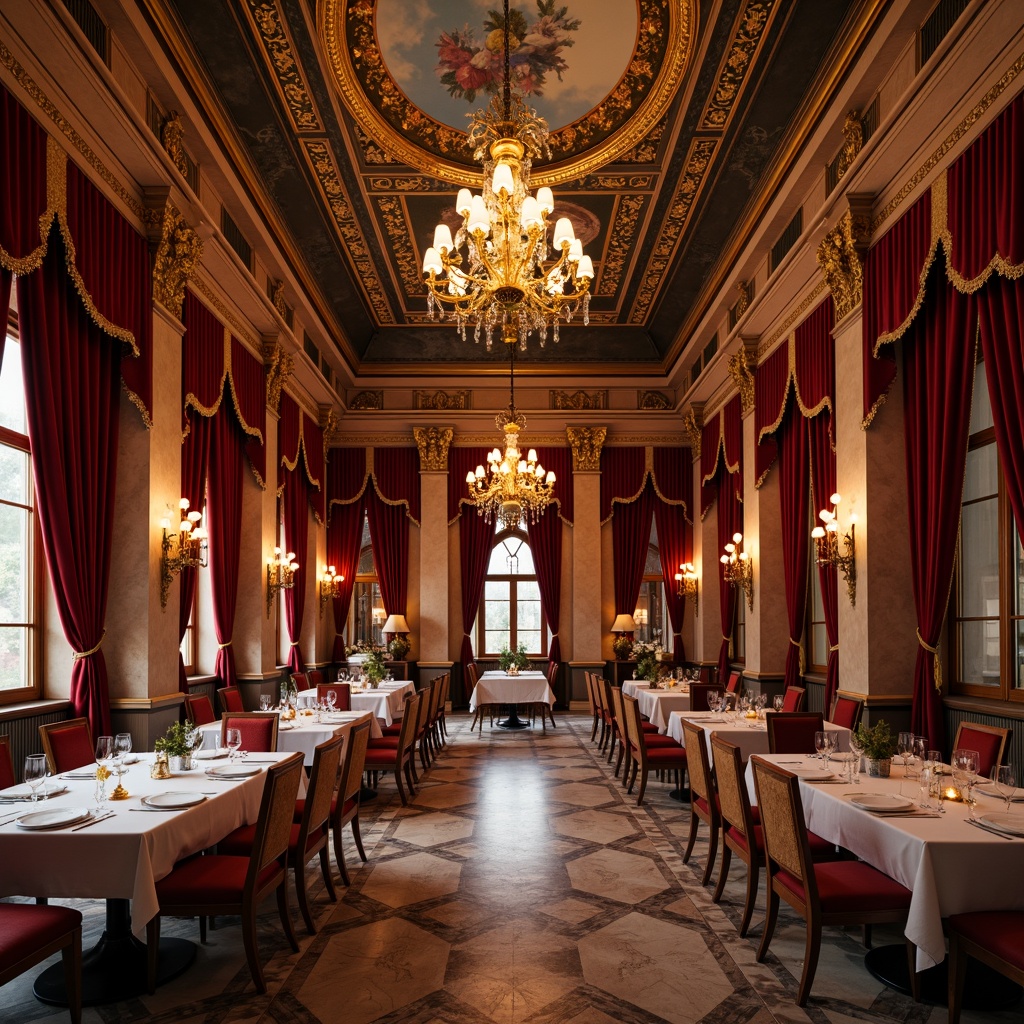 Prompt: Luxurious dining hall, rich ornate moldings, gilded accents, grand chandeliers, velvet drapes, intricate fresco ceilings, marble floors, ornamental columns, lavish furnishings, golden candelabras, crimson red walls, opulent fabrics, regal atmosphere, warm candlelight, soft focus, 1/2 composition, elegant shallow depth of field.