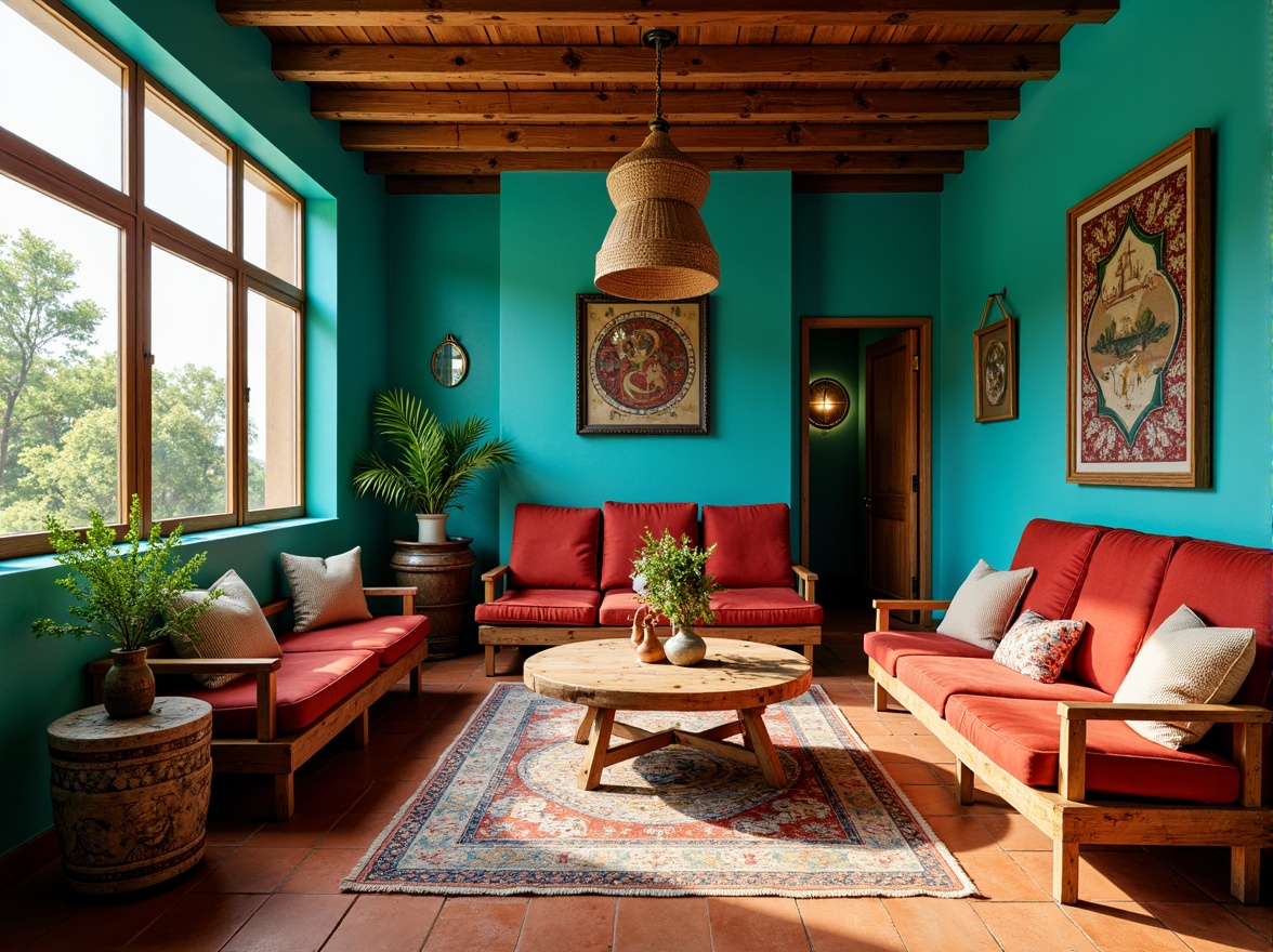 Prompt: Vibrant bohemian interior, bold eclectic mix, rich turquoise walls, warm terracotta floors, distressed wooden furniture, plush velvet upholstery, Moroccan-inspired tiles, vintage rugs, antique artifacts, lush greenery, natural light pouring in, soft warm glow, shallow depth of field, 1/1 composition, realistic textures, ambient occlusion.