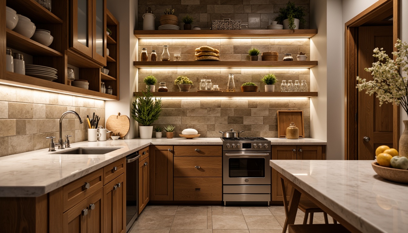 Prompt: Cozy pantry, warm ambient lighting, soft LED strips, under-cabinet lighting, polished chrome fixtures, modern farmhouse style, rustic wooden shelves, marble countertops, glass jars, stainless steel appliances, natural stone walls, earthy color palette, warm beige tones, soft diffused light, 1/1 composition, shallow depth of field, realistic textures.