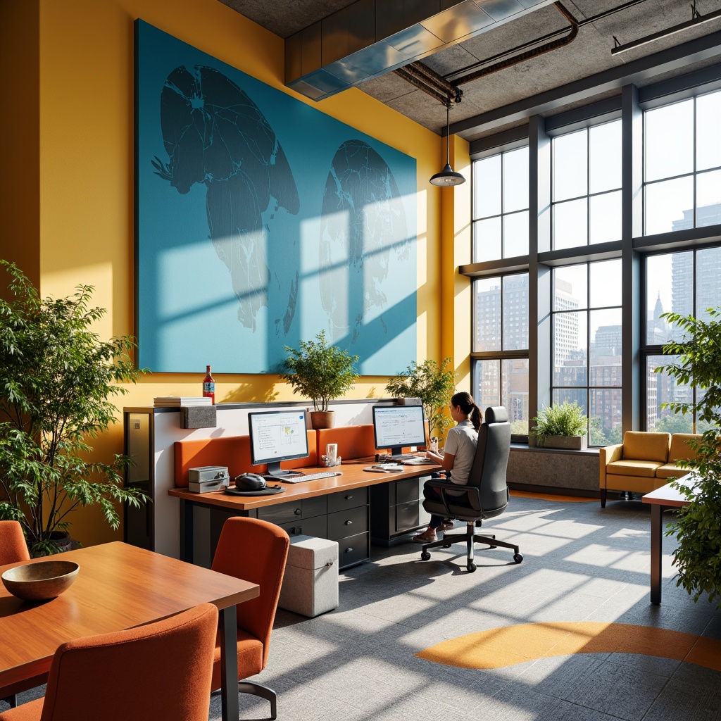 Prompt: Vibrant office space, ergonomic furniture, bold color accents, geometric patterns, wooden desks, modern task chairs, floor-to-ceiling windows, abundant natural light, bright yellow walls, calming blue hues, energizing orange tones, sleek metal shelving, minimalist decor, industrial-chic lighting fixtures, airy atmosphere, shallow depth of field, 1/1 composition, realistic textures, ambient occlusion.