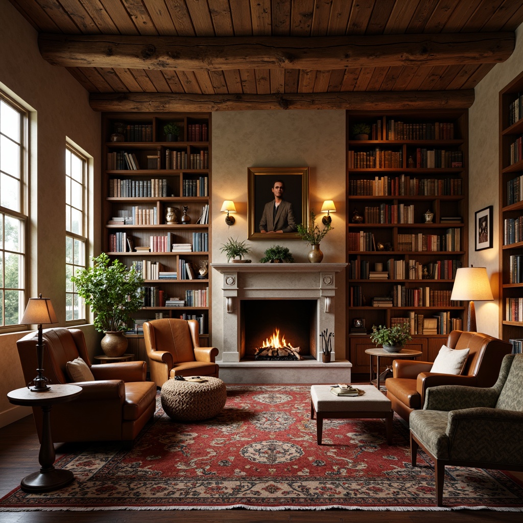 Prompt: Warm rustic library, wooden bookshelves, vintage leather armchairs, floor lamps, warm golden lighting, soft warm glow, table lamps, reading nooks, stone fireplace, crackling fire, plush area rugs, natural wood tones, earthy color palette, cozy atmosphere, warm beige walls, tall windows, soft diffused daylight, ambient occlusion, realistic textures.