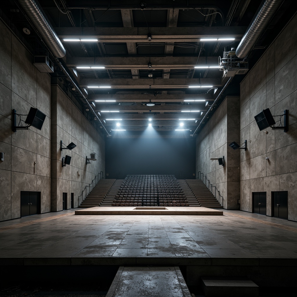 Prompt: Rugged concrete auditorium, brutalist architecture, stepped seating arrangement, raw exposed ductwork, industrial-style lighting fixtures, metallic beams, cold atmospheric color palette, minimalist decor, functional design, rectangular-shaped stage, dramatic spotlights, high-contrast shadows, wide-angle lens, cinematic composition, detailed textures, ambient occlusion.