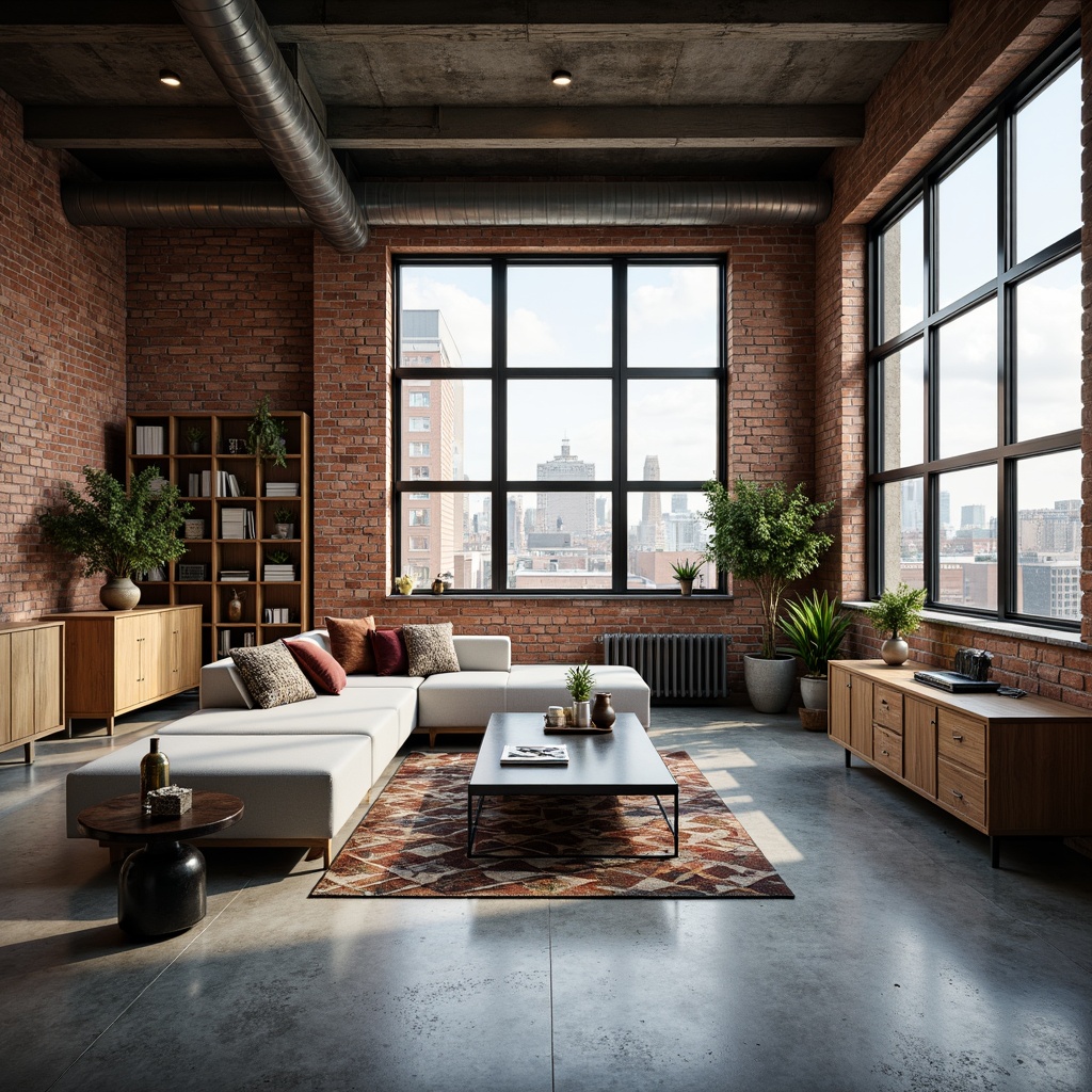 Prompt: Exposed brick walls, industrial metal beams, polished concrete floors, minimalist decor, sleek low-profile furniture, urban loft atmosphere, natural light pouring in, airy open spaces, modern streamline aesthetic, metallic accents, reclaimed wood shelving, geometric patterned rugs, floor-to-ceiling windows, cityscape views, warm ambient lighting, shallow depth of field, 1/1 composition, realistic reflections, subtle textures.