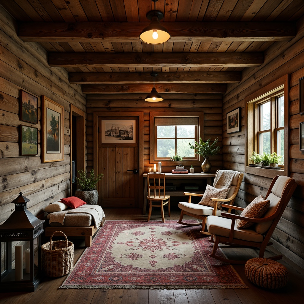 Prompt: Rustic cabin, wooden accents, distressed finishes, natural stone walls, earthy color palette, vintage decor, antique furnishings, plush throw blankets, woven baskets, wooden rocking chairs, metal lanterns, candlelight ambiance, warm cozy atmosphere, shallow depth of field, 1/1 composition, soft warm lighting, realistic textures.