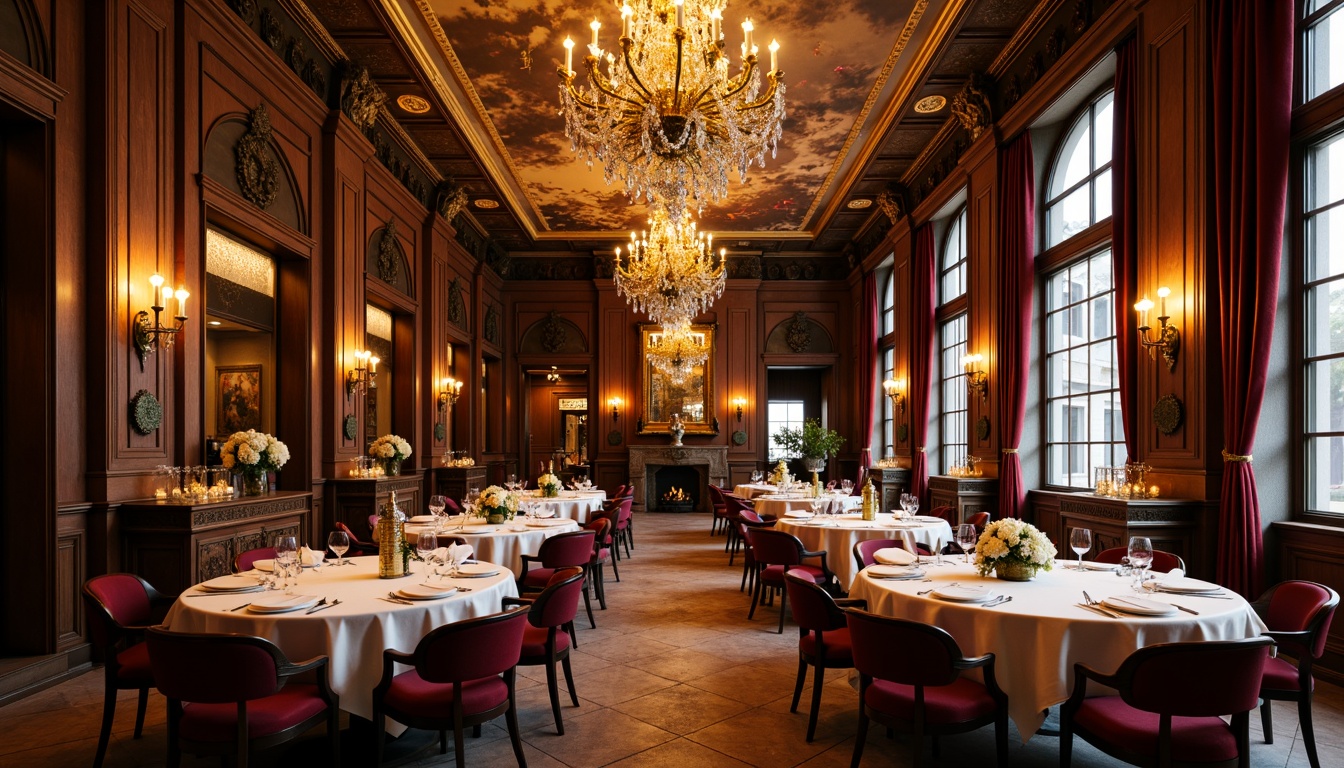 Prompt: Opulent dining hall, lavish furnishings, grandiose chandeliers, crystal droplets, ornate metalwork, velvet drapes, rich wood paneling, gilded accents, intricate carvings, frescoed ceilings, rustic stone walls, warm golden lighting, soft candlelight, 1/1 composition, shallow depth of field, realistic textures, ambient occlusion.