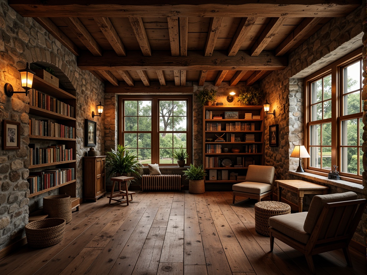 Prompt: Cozy rustic library, wooden plank flooring, stone walls, distressed wood shelving, vintage book collections, leather-bound tomes, warm candlelight, earthy color palette, natural textures, woven baskets, comfortable reading nooks, plush armchairs, rich wood accents, ornate metal fixtures, lantern-style lighting, soft warm glow, shallow depth of field, 1/1 composition, realistic wood grains, ambient occlusion.