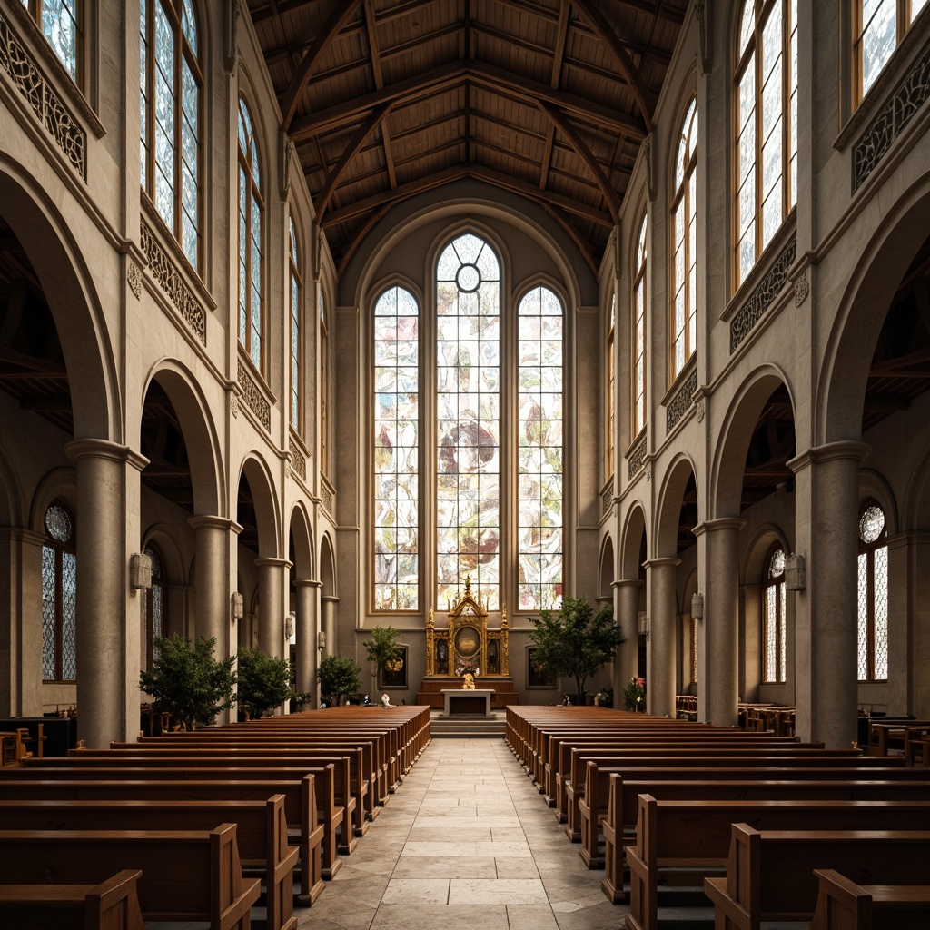 Prompt: \Ethereal church interior, stained glass windows, translucent stone walls, soft diffused lighting, subtle color gradients, ornate wooden pews, intricate Gothic arches, vaulted ceilings, dramatic verticality, serene atmosphere, natural stone floors, polished marble accents, delicate metalwork, elegant chandeliers, warm golden tones, gentle shadows, 1/2 composition, shallow depth of field, realistic textures, ambient occlusion.\