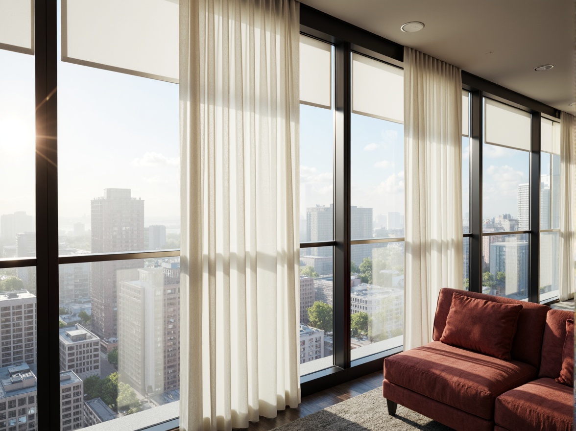 Prompt: Slim metal frames, floor-to-ceiling windows, sheer white curtains, flowing drapery, minimalist valances, sleek roller shades, motorized window treatments, blackout fabrics, urban cityscape views, morning sunlight, soft diffused lighting, shallow depth of field, 3/4 composition, panoramic view, realistic textures, ambient occlusion, polished chrome hardware, luxurious velvet fabrics, geometric patterned textiles, subtle color blocking.