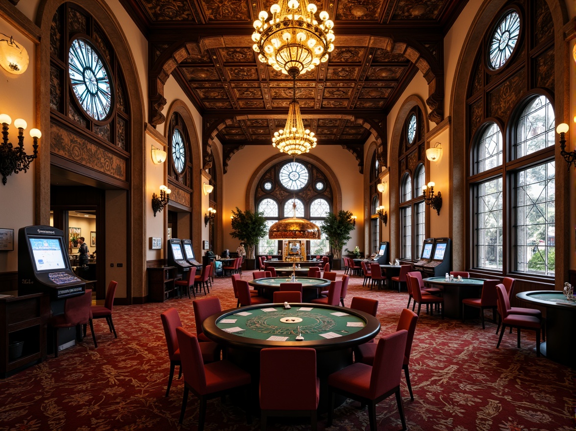 Prompt: Luxurious casino interior, ornate details, Gothic style architecture, grand chandeliers, intricate stone carvings, stained glass windows, lavish furnishings, rich velvet fabrics, gilded accents, Baroque-inspired patterns, mysterious ambiance, dim warm lighting, shallow depth of field, 1/2 composition, dramatic shadows, realistic textures, ambient occlusion.