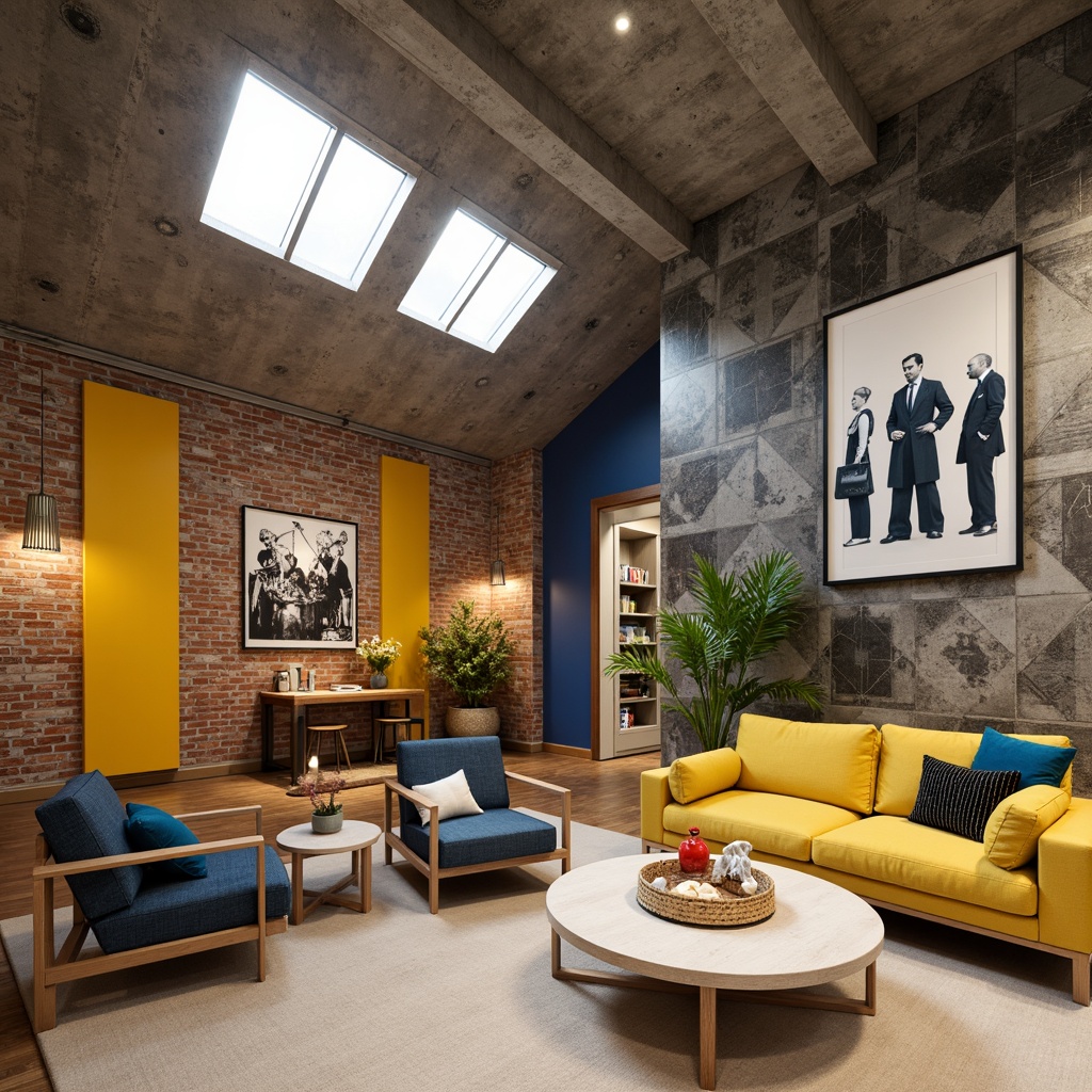 Prompt: Vibrant Bauhaus interior, primary color scheme, bold geometric shapes, industrial materials, exposed brick walls, polished steel accents, rich wood tones, minimalist decor, functional furniture, monochromatic background, warm beige floors, cool gray concrete ceilings, pops of bright yellow, deep blue accents, natural textiles, woven baskets, abstract artwork, modernist sculptures, overhead skylights, soft diffused lighting, high contrast ratio, 2/3 composition, realistic reflections.