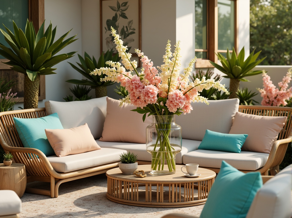 Prompt: Vibrant floral arrangements, pastel hues, soft peach tones, creamy whites, rich turquoise accents, natural wood textures, woven rattan furniture, elegant curves, organic shapes, lush greenery, warm golden lighting, shallow depth of field, 1/1 composition, realistic reflections, ambient occlusion.