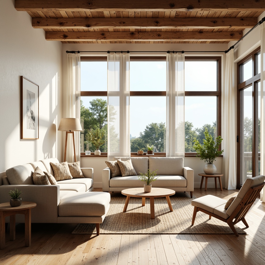 Prompt: Cozy Scandinavian living room, large windows, soft natural light, minimal ornamentation, light wood tones, pale beige walls, comfortable linen sofas, woven jute rugs, potted green plants, floor lamps with paper shades, sheer white curtains, warm wooden floors, rustic wooden beams, Nordic-inspired decorative accents, calm atmosphere, shallow depth of field, 1/1 composition, realistic textures, ambient occlusion.