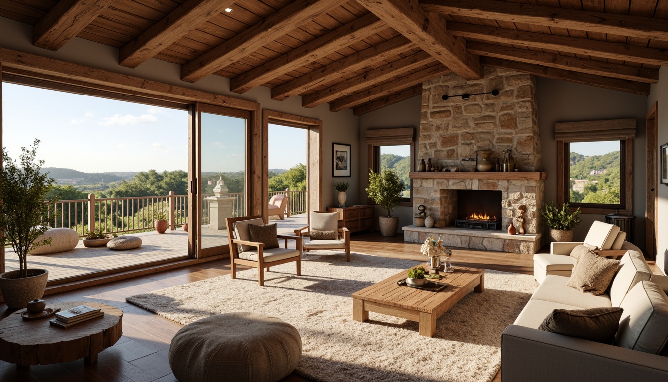 Prompt: Rustic farmhouse, open floor plan, high ceilings, exposed wooden beams, natural stone walls, earthy color palette, vintage decorative items, distressed wood furniture, plush area rugs, large windows, sliding glass doors, countryside views, rolling hills, sunny day, soft warm lighting, shallow depth of field, 3/4 composition, panoramic view, realistic textures, ambient occlusion.