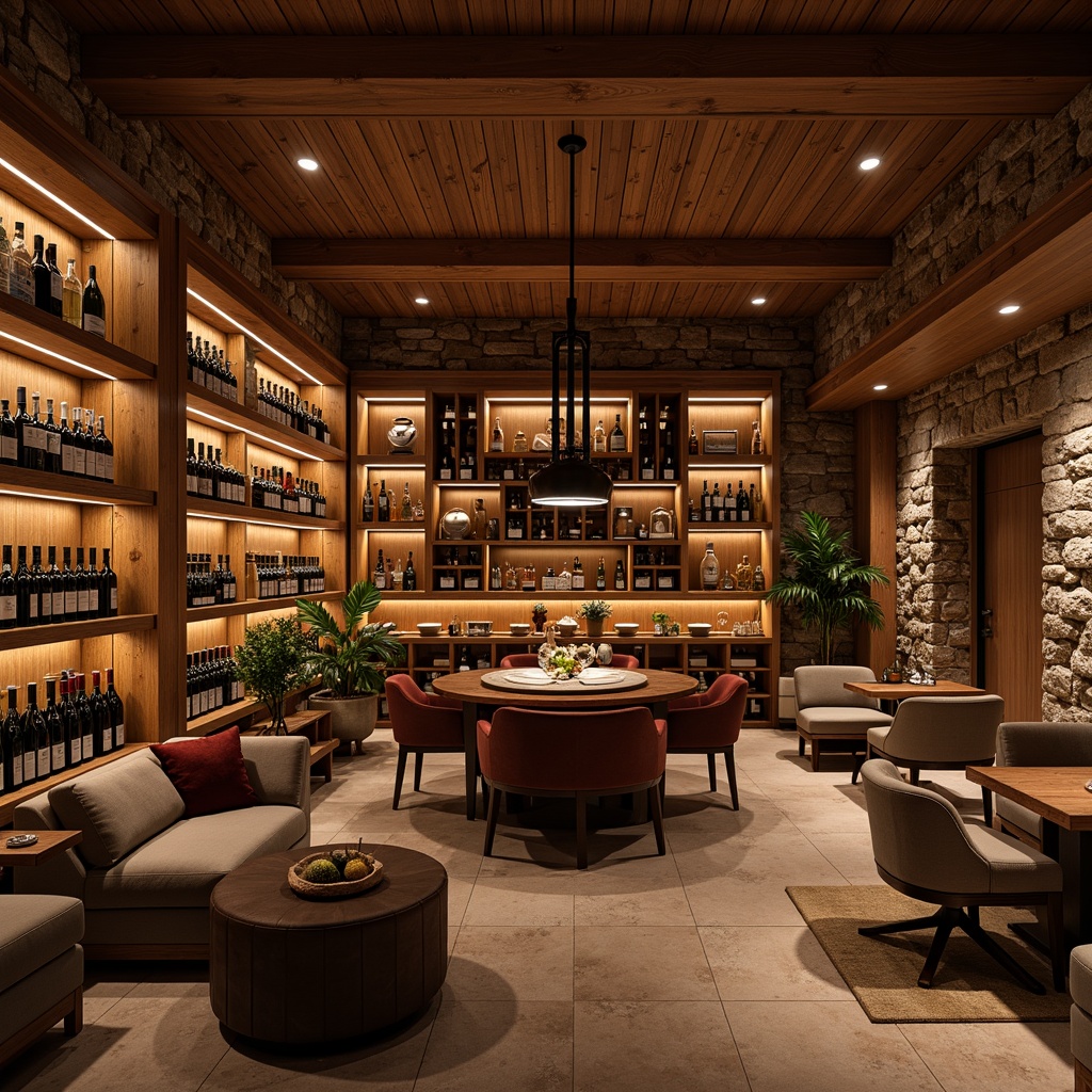 Prompt: \Warm wine cellar ambiance, rich wood tones, rustic stone walls, dimmable LED lighting, soft warm glow, subtle color temperature shifts, cozy seating areas, wine barrel displays, elegant glass racks, metallic accents, refined textures, sophisticated atmosphere, intimate gathering spaces, dramatic ceiling heights, recessed lighting fixtures, ambient shadowing, 1/2 composition, realistic reflections, high-end finishes.\