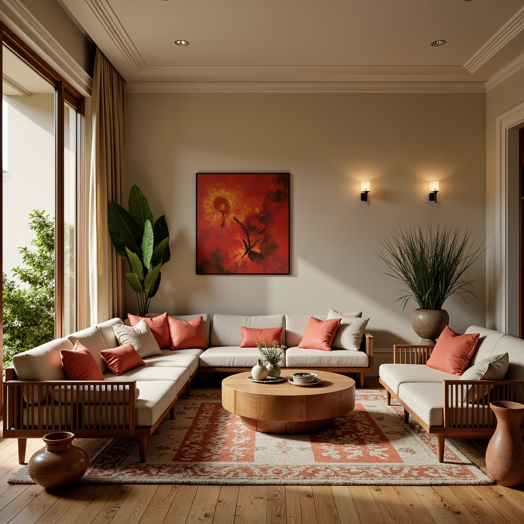 Prompt: Vibrant living room, warm beige walls, rich walnut wood furniture, soft sage green accents, creamy white trim, bold coral red statement pieces, natural linen upholstery, earthy terracotta pottery, ambient warm lighting, shallow depth of field, 3/4 composition, realistic textures, atmospheric rendering.