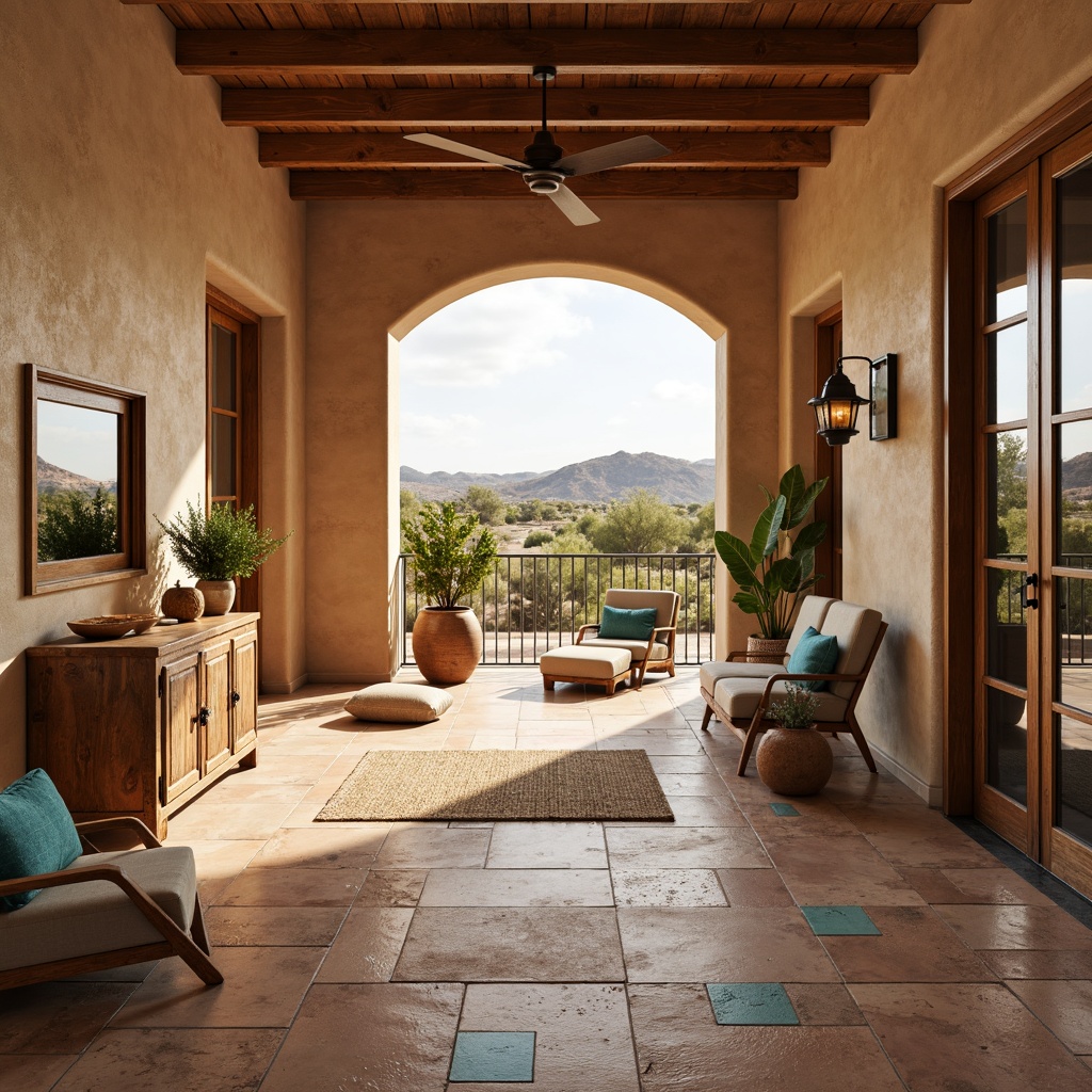 Prompt: Southwestern-inspired interior, earthy tone flooring, terracotta tiles, Saltillo-style patterns, natural stone inlays, rustic wooden planks, woven jute rugs, vibrant turquoise accents, desert landscape views, warm sandy beige colors, soft warm lighting, shallow depth of field, 3/4 composition, realistic textures, ambient occlusion.