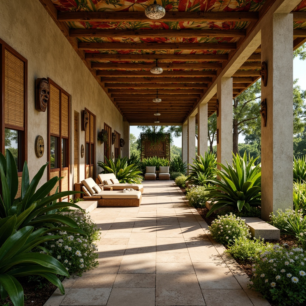 Prompt: Lush greenery, exotic wood accents, natural stone walls, woven rattan panels, bamboo flooring, vibrant floral patterns, colorful tiki masks, tropical leaf-inspired ceiling designs, warm beige stucco finishes, distressed wooden shutters, soft warm lighting, shallow depth of field, 3/4 composition, panoramic view, realistic textures, ambient occlusion.