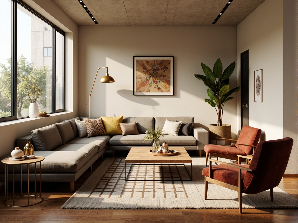 Prompt: Mid-century modern living room, sleek low-profile sofas, tufted velvet armchairs, reclaimed wood coffee tables, industrial metal side tables, geometric patterned rugs, minimalist floor lamps, abstract artwork, neutral beige walls, large windows, natural light, soft warm ambiance, 1/2 composition, shallow depth of field, realistic textures.