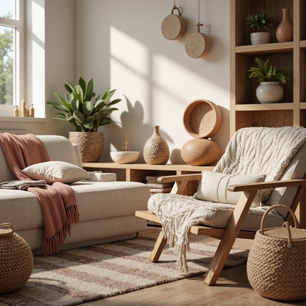 Prompt: Plush throw blankets, soft velvet pillows, cozy cable-knit sweaters, warm faux-fur rugs, tactile woven baskets, ergonomic lounge chairs, calming pastel colors, soothing ambient lighting, natural wood accents, earthy terracotta pottery, serene botanical patterns, gentle watercolor textures, peaceful atmosphere, shallow depth of field, 1/1 composition, soft focus effect.