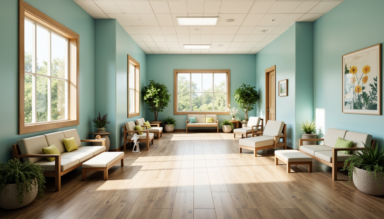 Prompt: Calming healthcare facility, soothing color scheme, pale blue walls, creamy white accents, natural wood tones, earthy brown floors, serene ambiance, gentle lighting, warm beige furniture, comfortable waiting areas, peaceful artwork, lush greenery, vibrant flowers, large windows, abundant natural light, soft pastel hues, calming turquoise shades, uplifting yellow tones, refreshing mint greens, holistic design approach, harmonious color harmony, visual balance, emotional well-being, stress-reducing atmosphere.