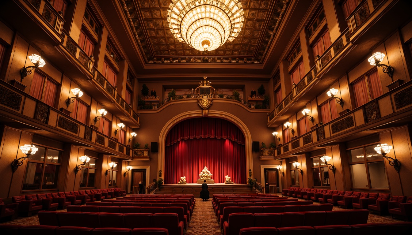 Prompt: Grand traditional theater, ornate chandeliers, warm golden lighting, velvet curtains, intricately carved wooden accents, majestic stage, red plush seats, elegant balconies, crystal sconces, soft warm glow, subtle spotlighting, dramatic shadows, 1/2 composition, symmetrical architecture, rich textures, realistic reflections.