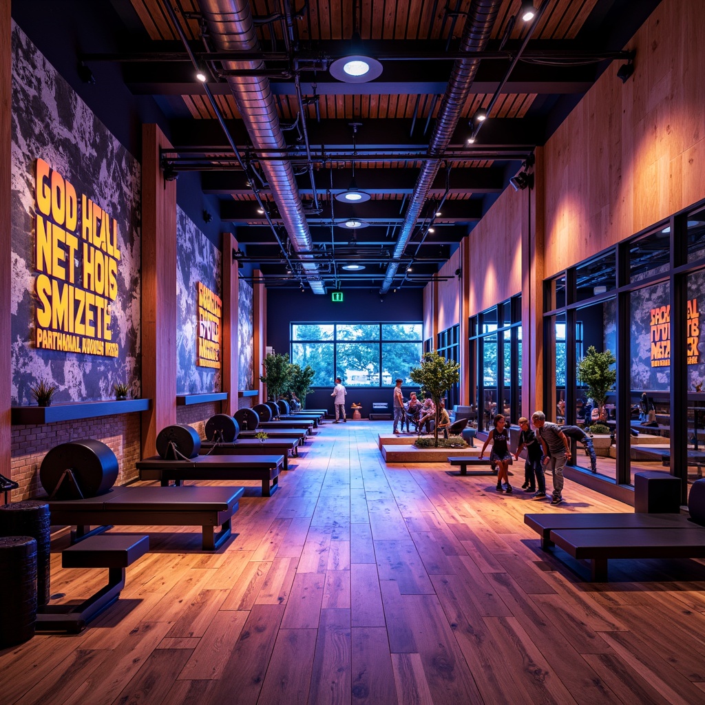 Prompt: Vibrant fitness studio, energetic atmosphere, bold color scheme, neon accents, dynamic lighting, industrial equipment, sleek metal frames, wooden floors, motivational quotes, modern architecture, urban loft style, exposed brick walls, reclaimed wood accents, high ceilings, abstract geometric patterns, bold typography, contrast colors, bright corridors, futuristic ambiance, electric blue tones, fiery orange hues, deep charcoal grays, warm beige neutrals, high-contrast shading, dramatic spotlights, 3/4 composition, shallow depth of field, panoramic view.