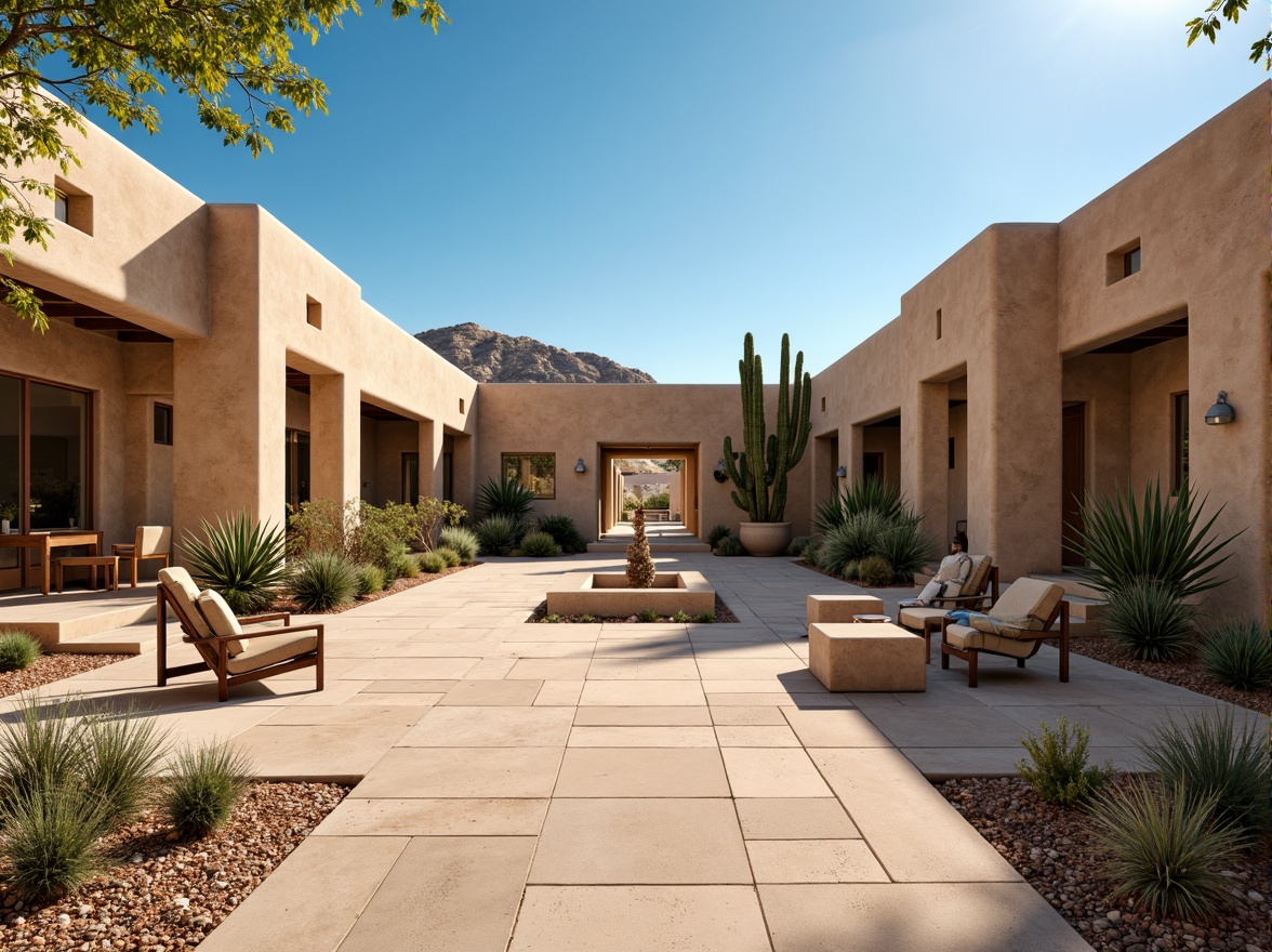 Prompt: Southwestern adobe architecture, vast open courtyards, natural stone flooring, earthy tone walls, vibrant turquoise accents, wooden beam ceilings, rustic metal decorations, desert botanicals, majestic saguaro cacti, warm sandy dunes, clear blue skies, abundant natural light, shallow depth of field, 3/4 composition, panoramic view, realistic textures, ambient occlusion.