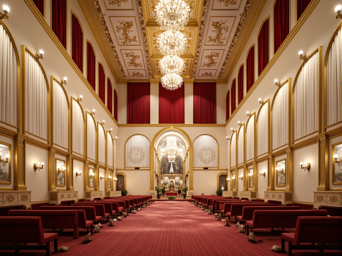 Prompt: Luxurious concert hall, ornate gold accents, rich velvet drapes, soft pastel hues, creamy whites, warm beige tones, intricate Baroque patterns, lavish crystal chandeliers, plush red carpets, gilded mirrors, elegant coved ceilings, subtle warm lighting, shallow depth of field, 1/1 composition, realistic textures, ambient occlusion.