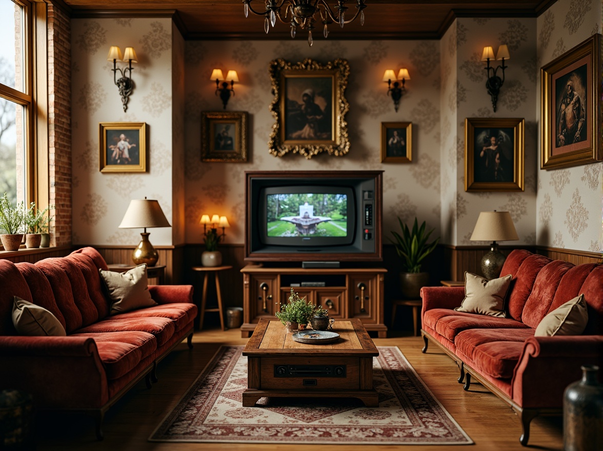 Prompt: Vintage gaming console, distressed wood furniture, plush velvet couches, ornate gold frames, soft candlelight, rustic brick walls, faded floral patterns, worn leather armchairs, antique rug, nostalgic game posters, warm beige colors, cozy atmosphere, shallow depth of field, 1/1 composition, realistic textures, ambient occlusion.