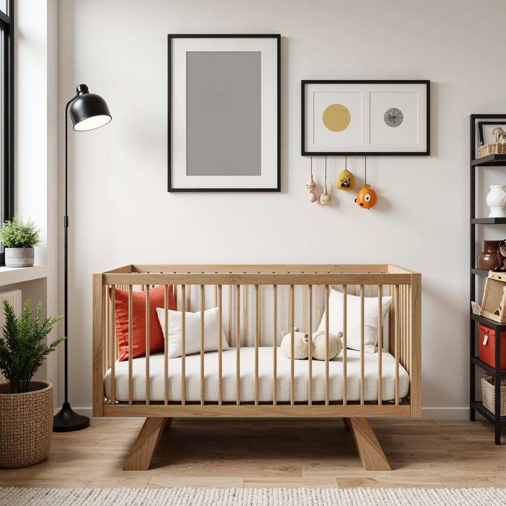 Prompt: Minimalist baby crib, geometric wooden legs, white cotton bedding, primary color accents, simple mobiles, natural wood flooring, minimalist decor, clean lines, functional design, ample storage, modernist nursery, rectangular shapes, bold typography, black metal frames, industrial chic lighting, warm beige tones, subtle textures, 1/1 composition, softbox lighting, realistic wood grain.