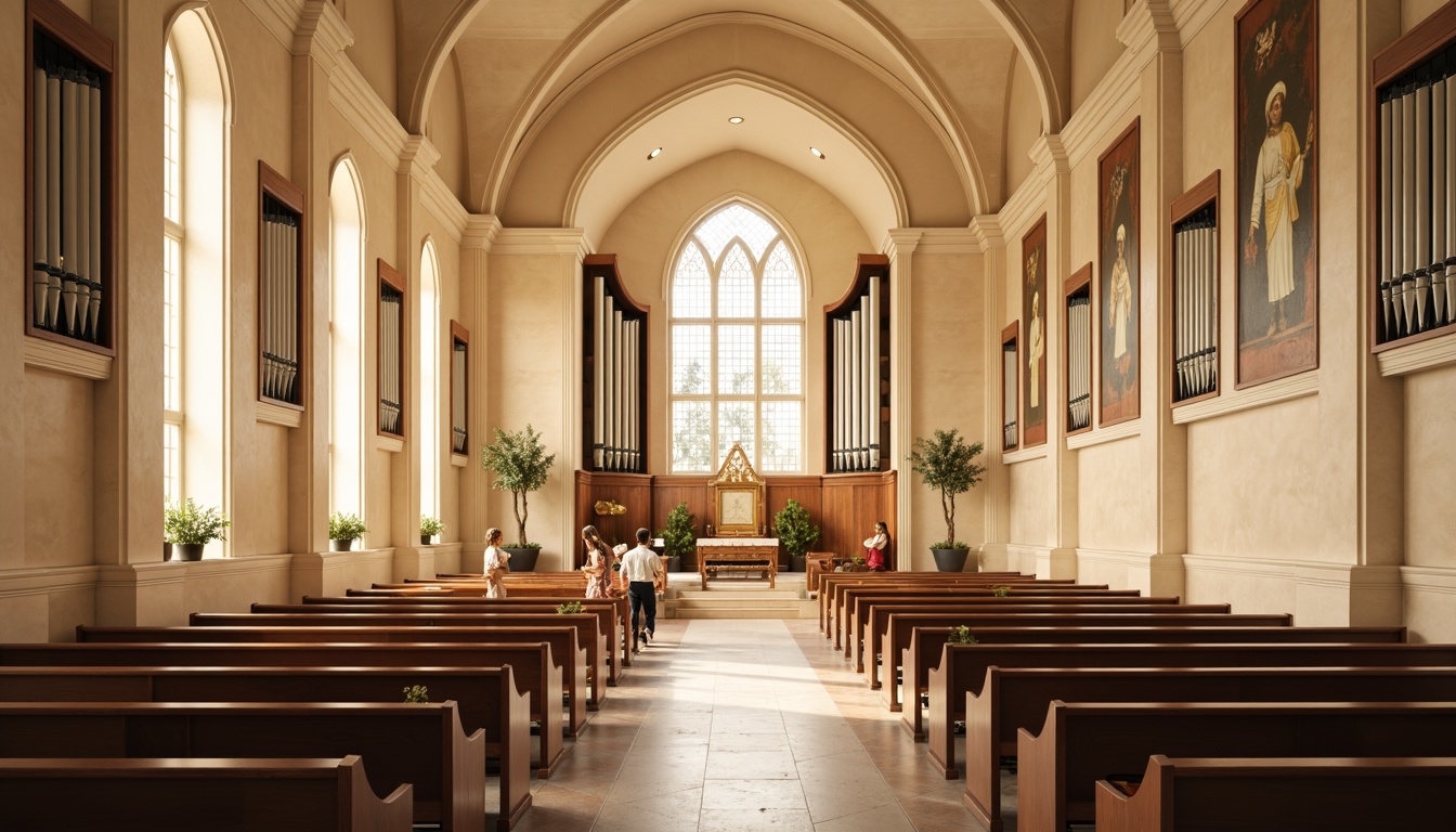 Prompt: Serene worship space, soft warm lighting, calming atmosphere, soothing color palette, creamy whites, gentle beiges, muted golds, rich woods, subtle creams, elegant stained glass windows, ornate stone carvings, intricate murals, peaceful ambiance, vaulted ceilings, grand organs, pews with upholstery, spiritual symbolism, warm earth tones, natural materials, minimalist decor, subtle textures, soft focus, shallow depth of field, 1/1 composition.