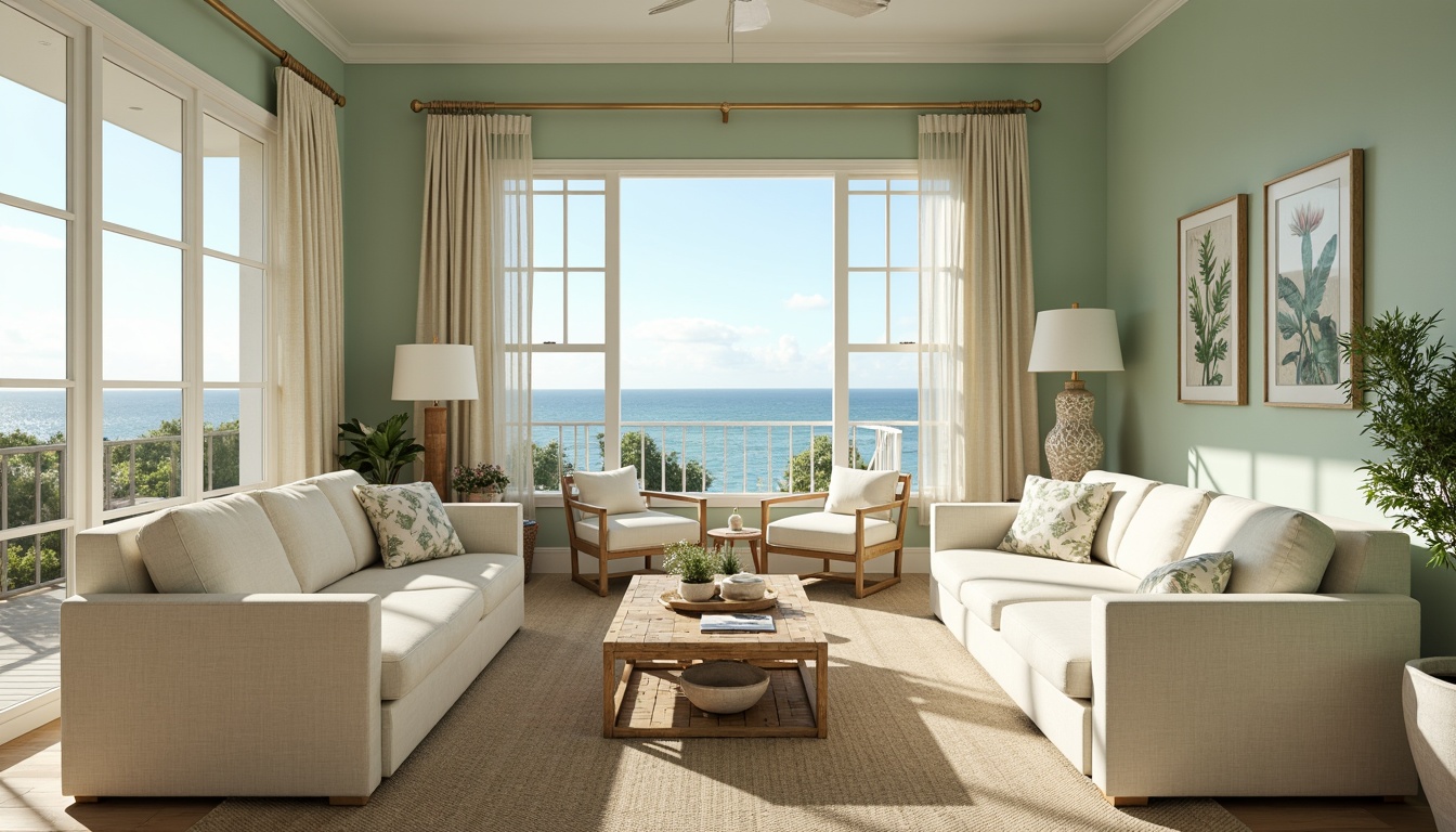 Prompt: Calming coastal living room, soft seafoam green walls, creamy white furniture, warm beige floors, natural woven textiles, driftwood accents, ocean-inspired decorative accessories, shells, pebbles, coral patterns, subtle nautical themes, airy atmosphere, abundant natural light, sheer curtains, plantation shutters, relaxing ambiance, warm sunny day, gentle breeze, 1/1 composition, soft focus, realistic textures.