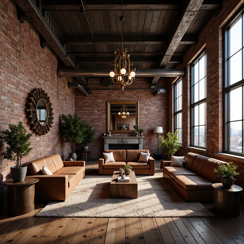 Prompt: Exposed brick walls, reclaimed wooden floors, industrial metal beams, vintage decorative lighting, distressed leather sofas, velvet armchairs, rich wood tones, ornate mirrors, elegant chandeliers, soft warm rugs, minimalist decor, neutral color palette, urban cityscape views, large factory windows, natural daylight, dramatic high ceilings, 1/1 composition, moody atmospheric lighting, cinematic rendering.