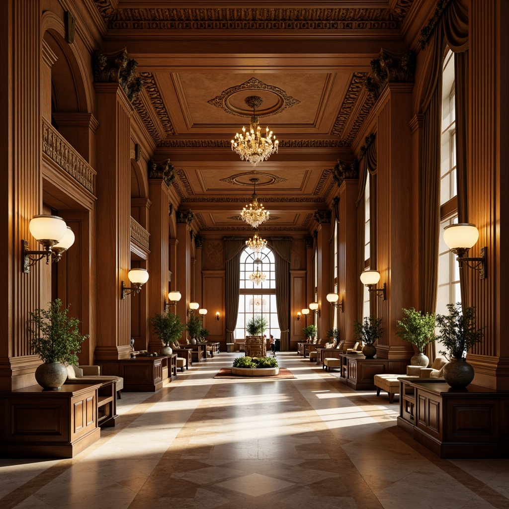 Prompt: Elegant banking hall, ornate crown molding, rich wood tones, sophisticated Neoclassical architecture, grandiose columns, intricate carvings, luxurious chandeliers, polished marble floors, stately furnishings, dignified atmosphere, warm golden lighting, soft focus, shallow depth of field, 2/3 composition, symmetrical balance, realistic textures, subtle ambient occlusion.