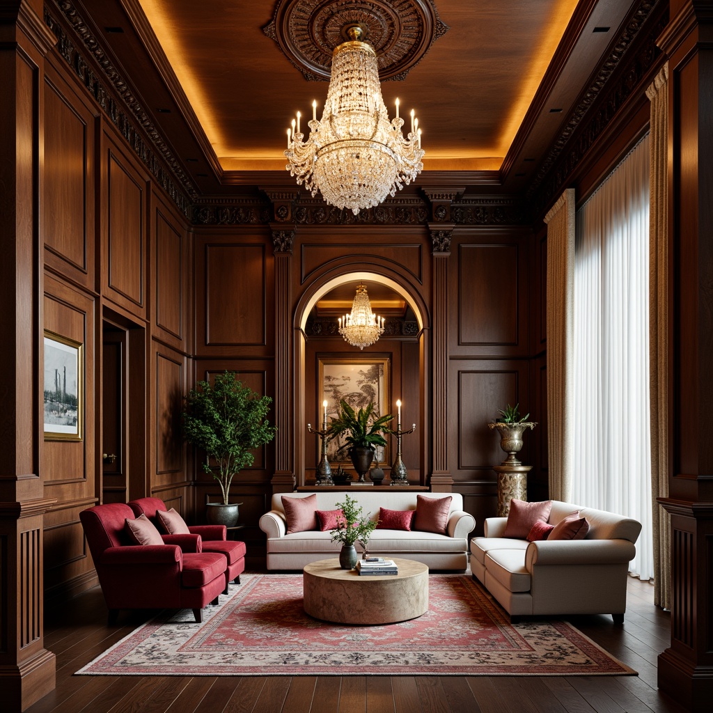 Prompt: Luxurious living room, rich wood tones, velvet upholstery, ornate carvings, crystal chandeliers, plush area rugs, tufted sofas, wingback chairs, marble coffee tables, antique vases, golden accents, soft warm lighting, shallow depth of field, 1/2 composition, realistic textures, ambient occlusion.