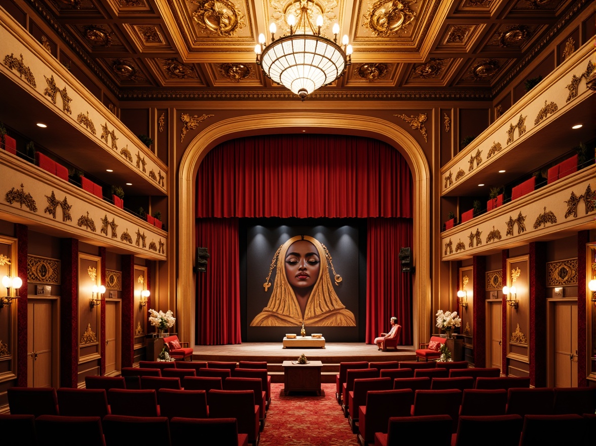 Prompt: Grand traditional performing arts center, ornate chandeliers, warm golden lighting, rich velvet curtains, intricate wooden carvings, majestic stage, plush red seats, luxurious box suites, crystal sconces, elegant archways, soft warm glow, subtle spotlighting, dramatic shadows, 1/1 composition, symmetrical framing, realistic textures, ambient occlusion.