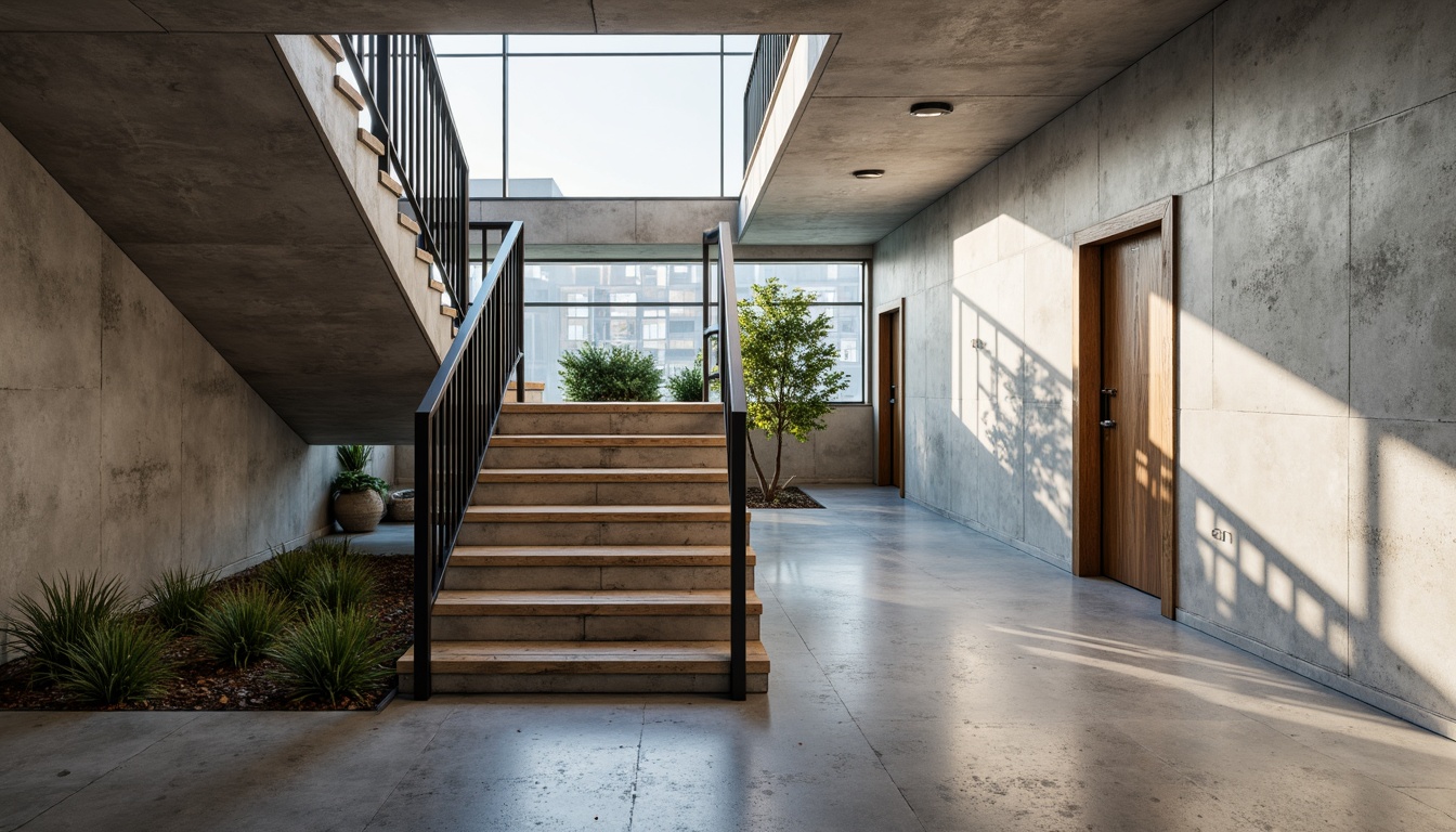 Prompt: Simple modern staircase, sleek metal railings, minimalist balusters, open tread design, industrial chic aesthetic, raw concrete walls, polished steel handrails, subtle LED lighting, urban loft atmosphere, sparse greenery, natural stone floors, airy open spaces, unobstructed views, 1/1 composition, softbox lighting, realistic reflections.