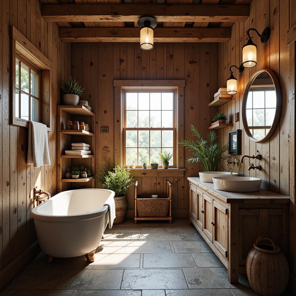 Prompt: Rustic farmhouse bathroom, distressed wood cabinets, vintage metal fixtures, clawfoot tub, porcelain sink, copper pipes, mason jar lighting, woven baskets, natural stone flooring, earthy color palette, soft warm ambiance, afternoon sunlight, shallow depth of field, 1/1 composition, realistic textures, ambient occlusion.