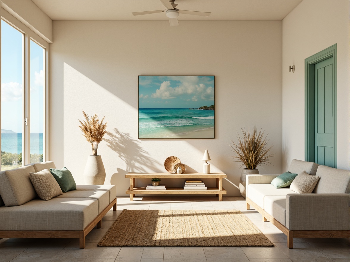 Prompt: Soft sandy beige walls, calming turquoise accents, crisp white trim, weathered wood furniture, natural jute rugs, driftwood decorative pieces, sea glass vases, ocean-inspired artwork, light-filled open spaces, airy floor plans, beachy textures, refreshing morning light, gentle wave patterns, 1/1 composition, relaxed atmosphere, serene ambiance.